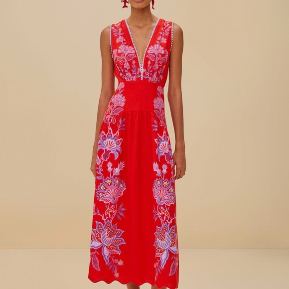 fitted lace wedding dress Red Artisanal Cut-Out Embroidered Euroflax  Premium Linen Maxi Dress main image 1